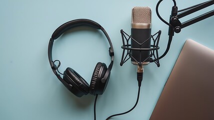 Podcast studio setup with microphone headphones and laptop on desk background