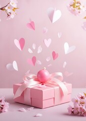 Pink gift box and cherry blossom on pink background