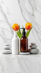 Zen Beauty Spa Products With Tulips On Marble Background
