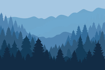 Fototapeta premium Blue Forest Silhouette Illustration Serene Landscape with Evergreen Trees and Distant Mountains