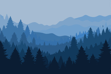 Fototapeta premium Blue Forest Silhouette with Mountain Backdrop Minimalist Nature Illustration