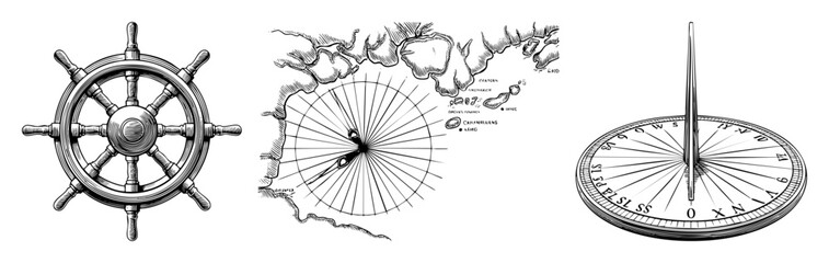 Obraz premium Vector Nautical elements including ship wheel compass and vintage map .