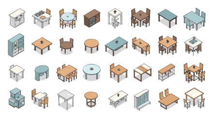 Isometric Illustrations of Diverse Dining Tables, Kitchen Furniture, and Room Decor