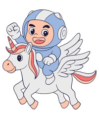 Astronaut  and Unicorn Cartoon Cute Illustration 