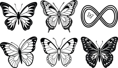 Silhouettes of butterflies. Monochrome Insect butterfly black winged gorgeous insect set isolated vector illustration
