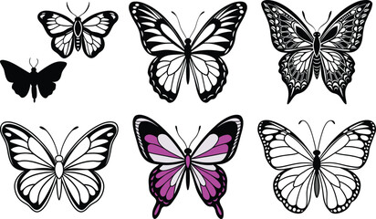 Silhouettes of butterflies. Monochrome Insect butterfly black winged gorgeous insect set isolated vector illustration
