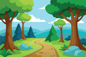 Obraz premium Cartoon Forest Path with Trees, Hills and Sky Illustration with Rocks and Greens