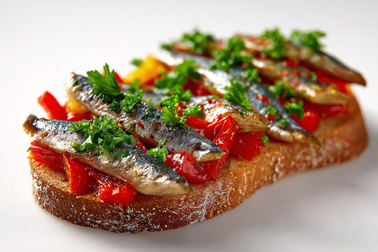 A photorealistic Spanish boquerones with white anchovy fillets