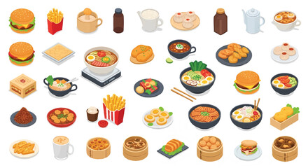  Isometric Icon Set of Popular Asian Food and Dishes