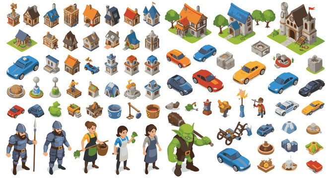 Isometric Fantasy Village Assets Vector illustration Pack png Medieval Houses, Vehicles, Characters, and Objects Collection