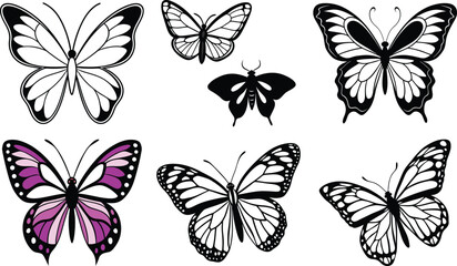 Silhouettes of butterflies. Monochrome Insect butterfly black winged gorgeous insect set isolated vector illustration
