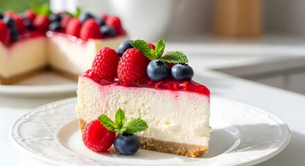 Gourmet raspberry cheesecake slice with fresh berries and mint leaves on a white porcelain plate under natural light
