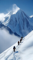 Snowy summit with distant climbers approaching peak