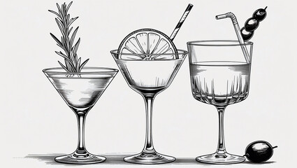 Elegant Cocktail Illustration Martini, Cosmopolitan, and Gin and Tonic