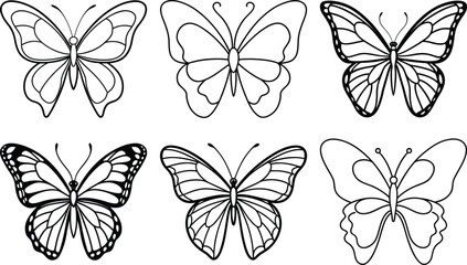 Silhouettes of butterflies. Monochrome Insect butterfly black winged gorgeous insect set isolated vector illustration
