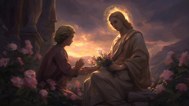 Worshipper Offering Flowers to a Saint in Golden Hour Light