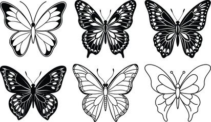 Silhouettes of butterflies. Monochrome Insect butterfly black winged gorgeous insect set isolated vector illustration
