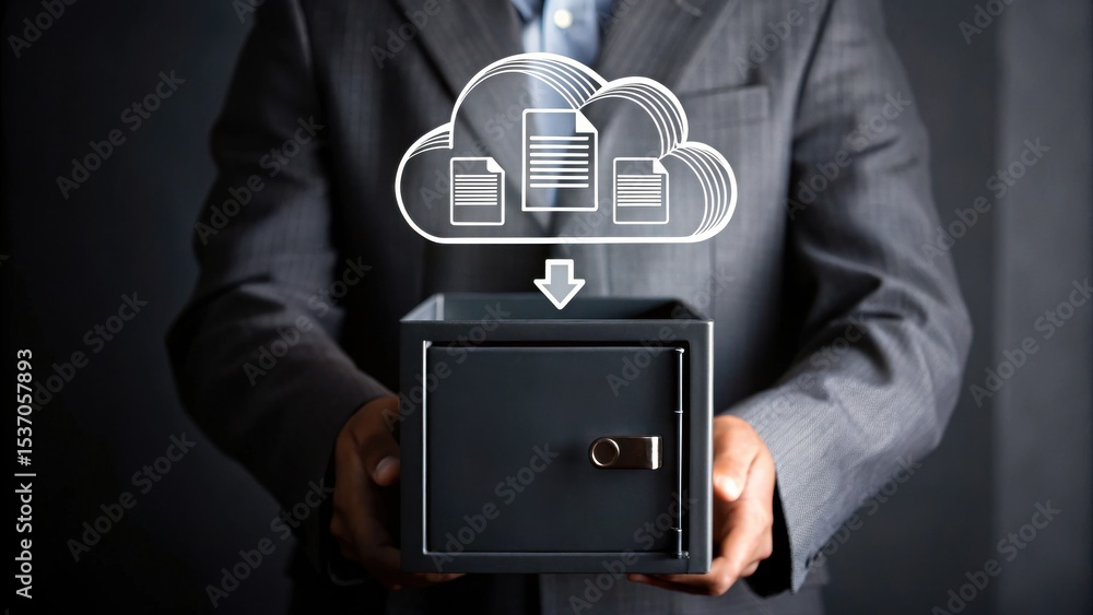 Poster a businessperson holds a safe with a cloud storage icon above it, symbolizing secure digital data st