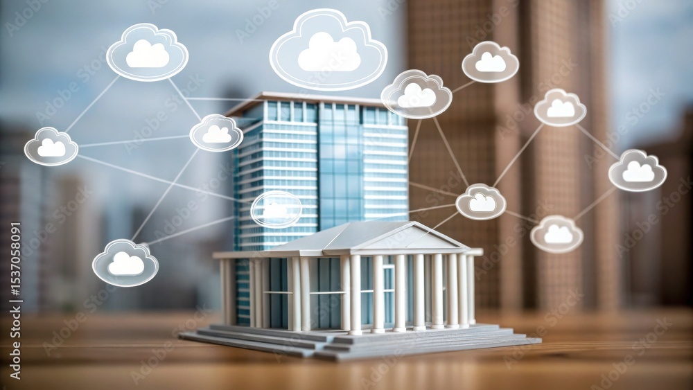 Poster a modern office building connected to multiple cloud icons, symbolizing cloud computing and digital 