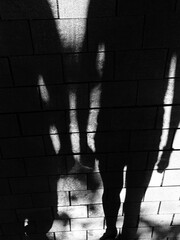Shadow silhouette of two people walking city street sidewalk in black and white high contrast