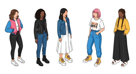 Fototapeta premium Stylish Diverse Women's Fashion Vector illustration Pack png Modern Outfits, Casual Chic Styles, Denim Jackets, Platform Sneakers, and Bold Colors