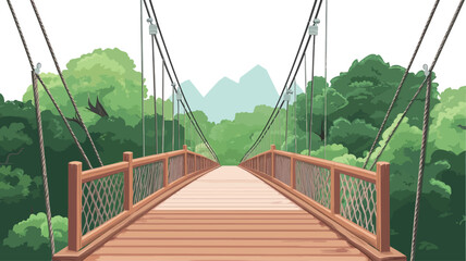 A digital illustration depicting a wooden suspension bridge extending from the foreground to the background. The bridge features wooden planks, railings, and suspension cables.  Lush green foliage,