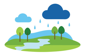 Fototapeta premium Green Landscape with River, Trees, and Clouds Bringing Rain Illustration