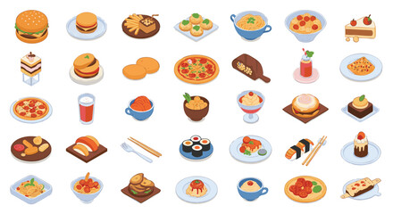 Isometric Illustration of Diverse Food Items Vector illustration Pack png Burgers, Pizzas, Sushi, Pastas, Cakes, and More