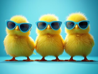 Three playful yellow chicks sporting blue sunglasses against a vibrant blue background.