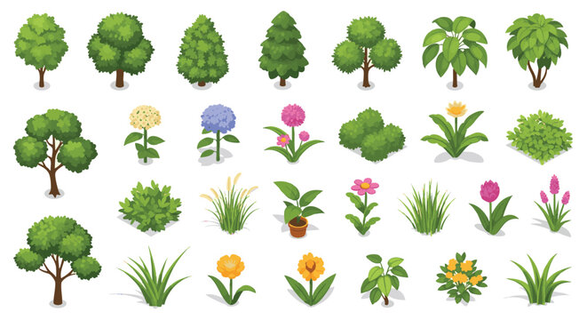 Isometric Garden Plants Vector illustration Pack png Lush Green Trees, Vibrant Blooming Flowers, and Decorative Bushes
