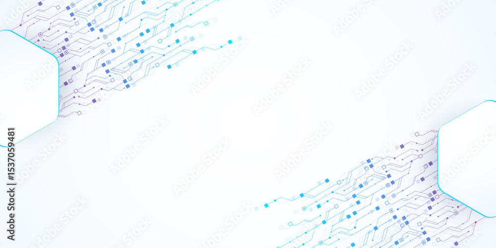 Poster Artificial Intelligence or machine learning vector design. Quantum computer technology concept with circuit board and motherboard texture background design. Waves flow quantum explosion