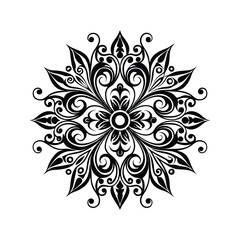 Black and White Circular Floral Mandala Vector Illustration Intricate Swirls Symmetrical Design Isolated White Background