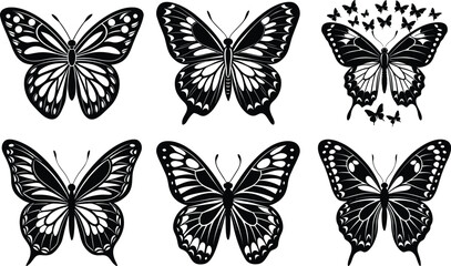 Silhouettes of butterflies. Monochrome Insect butterfly black winged gorgeous insect set isolated vector illustration
