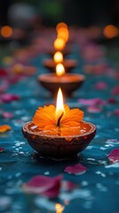 Floating Candles with Petals on Water Surface for Festival Celebration