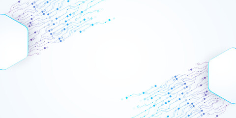 Artificial Intelligence or machine learning vector design. Quantum computer technology concept with circuit board and motherboard texture background design. Waves flow quantum explosion