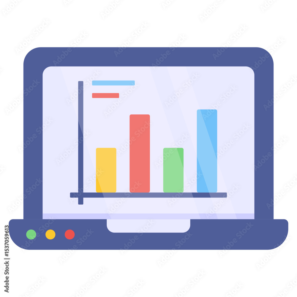 Poster professional laptop screen displaying colorful bar graph for business data analysis and growth stati