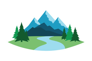 Fototapeta premium Mountain Landscape with Evergreen Trees and River Illustration of Scenic Nature