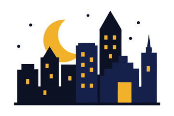 Fototapeta premium Night Cityscape Silhouette with Golden Crescent Moon and Glowing Windows Illustration