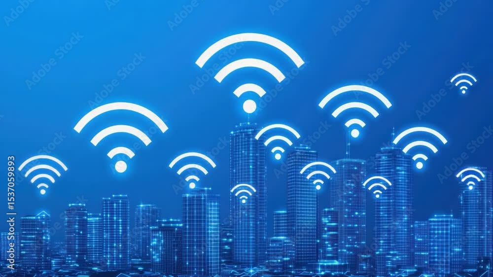 Aufkleber modern city skyline with digital wireless communication signal waves representing technology connect