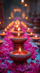 Diwali Celebration with Traditional Oil Lamps and Pink Rose Petals Displayed in Rows