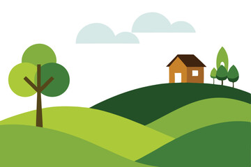 Obraz premium Simple Landscape Illustration Rolling Green Hills, House, Tree, and Sky with Clouds