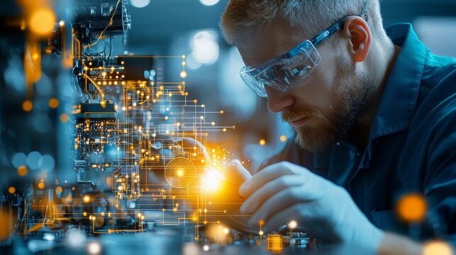 Innovative engineering process high-tech lab photograph industrial environment close-up view advanced technology concepts