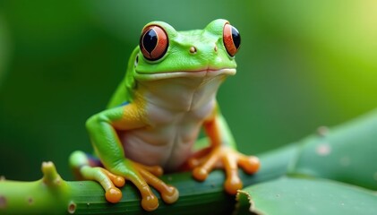 Naklejka premium Green tree frog perched on white, vibrant skin, tropical, biology