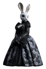 Obraz premium Elegant Woman in Victorian Style Black Lace Gown Wearing a Rabbit Mask