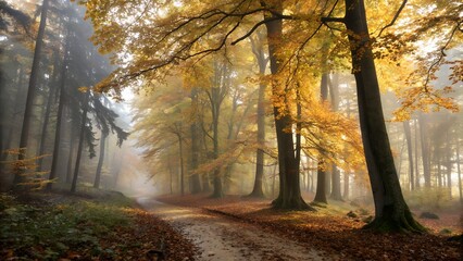 Obraz premium A Dense Forest In Early Autumn With Golden Leaves,