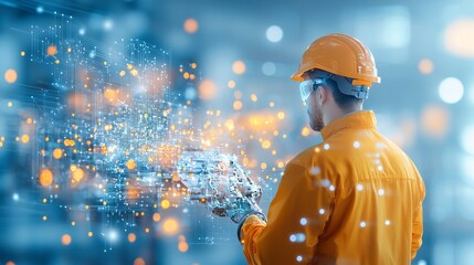 Innovative worker using digital tools modern workplace technology action industrial environment close-up viewpoint