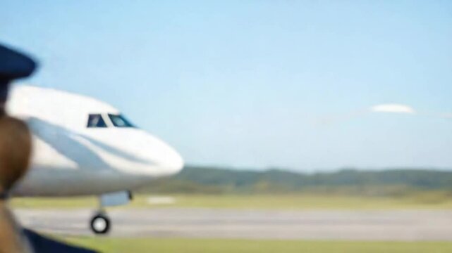 Confident female pilot with aircraft background, smiling while wearing uniform and hat at airport on sunny day