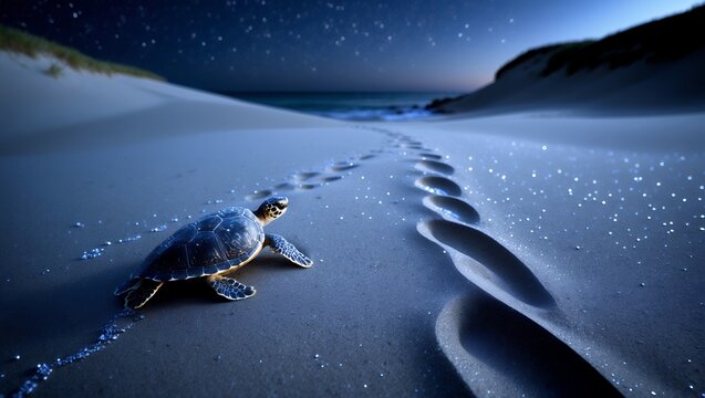 Sea Turtle Walking on Sandy Beach at Night Under Starry Sky
