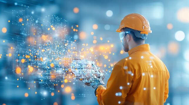 Innovative worker using digital tools modern workplace technology action industrial environment close-up viewpoint