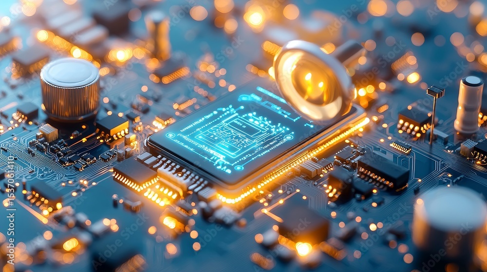 Poster innovative circuit board design tech lab digital artwork futuristic environment close-up view advanc